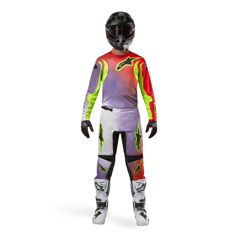 Motokrosové nohavice Alpinestars Fluid Lucent 2024 bielo-fialovo-červeno-žlto fluorescenčno-čierne