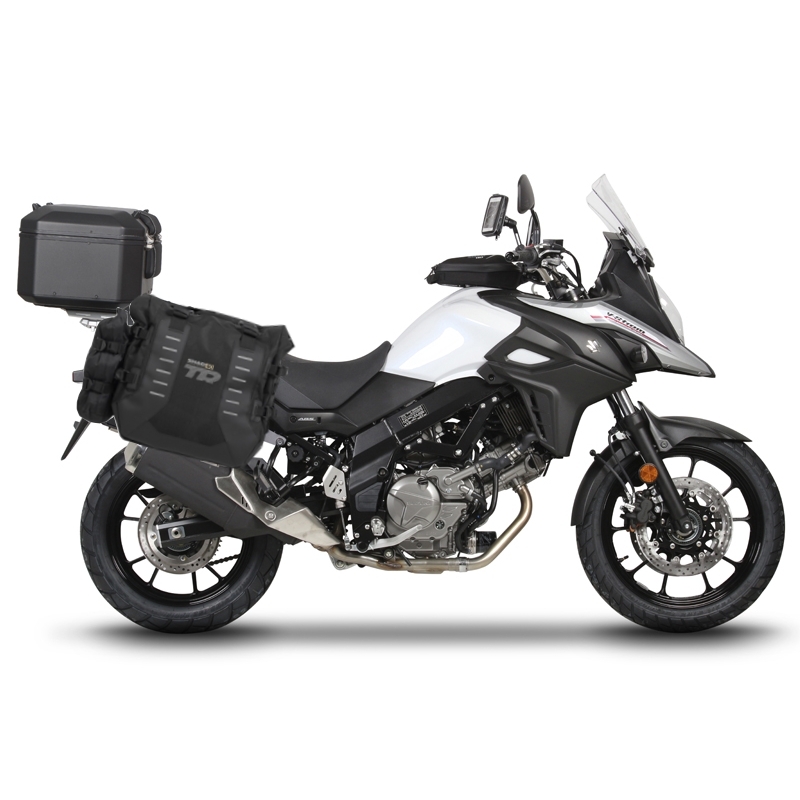 Kompletná sada sedlových brašní SHAD TERRA TR40 adventure a hliníkového kufra SHAD TERRA BLACK 55L, vrátane montážnej sady SHAD SUZUKI DL 650 V-Strom