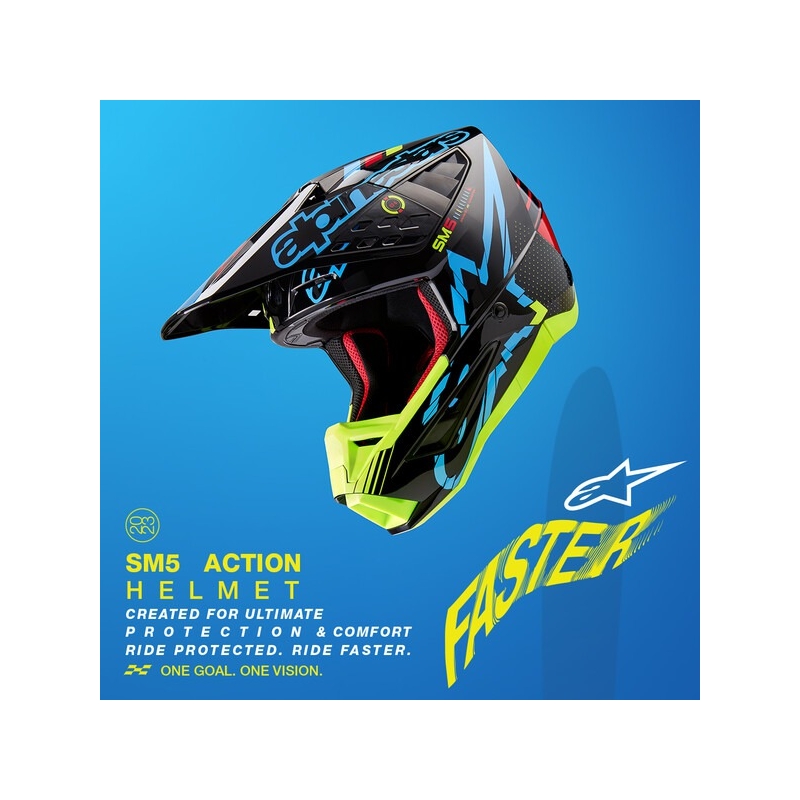 Motokrosová prilba Alpinestars S-M5 Action fluorescenčno žlto-čierno-modro- tmavo červená