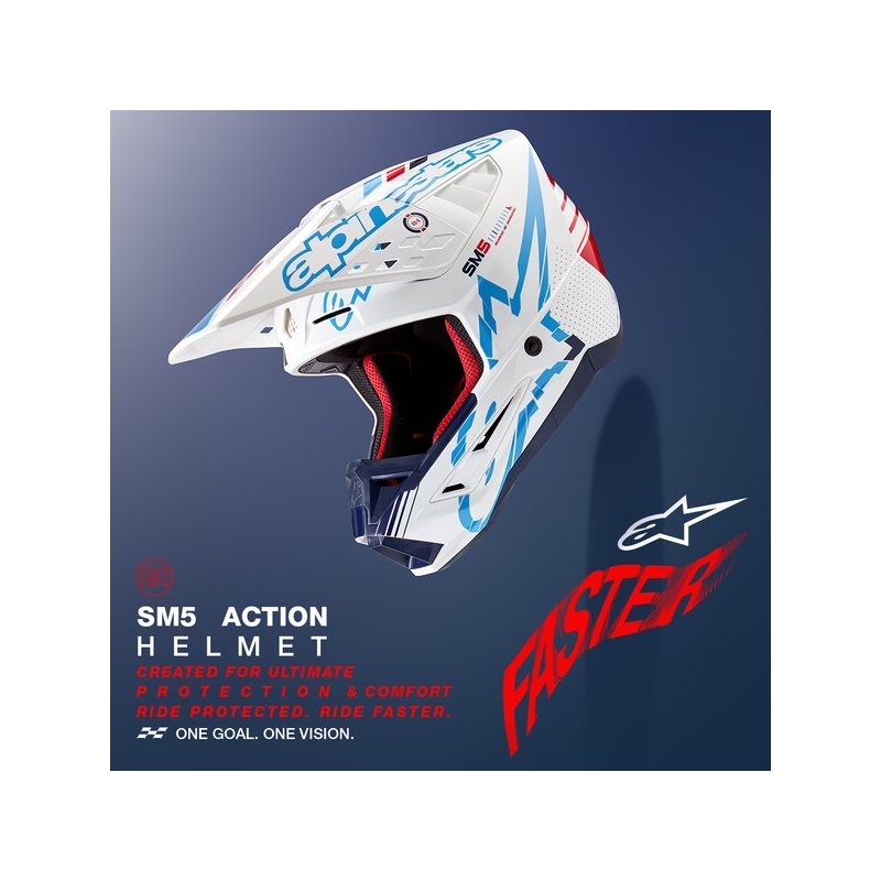 Motokrosová prilba Alpinestars S-M5 Action bielo-modro-čierno-tmavo červená