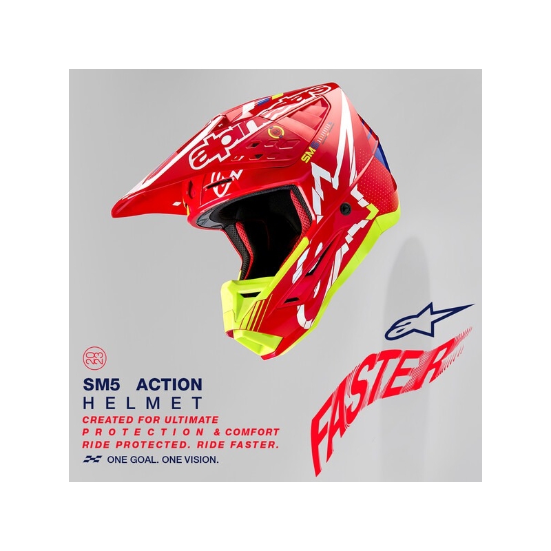 Motokrosová prilba Alpinestars S-M5 Action červeno-fluorescenčno žlto-bielo modrá