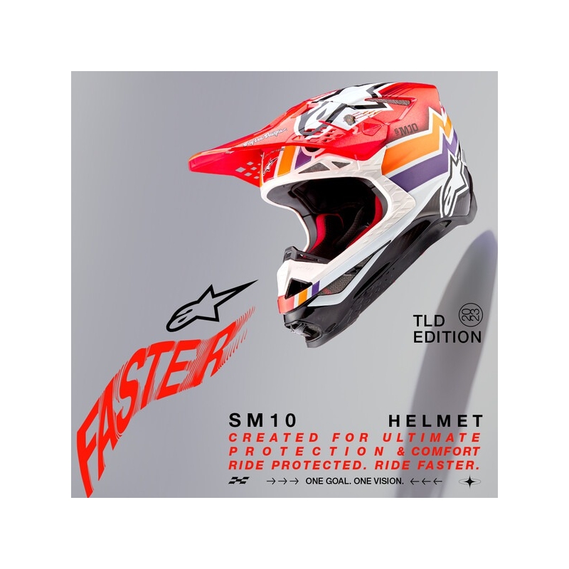Motokrosová prilba Alpinestars Supertech S-M10 Edícia Troy Lee Designs oranžovo-žlto-fialovo-bielo čierna