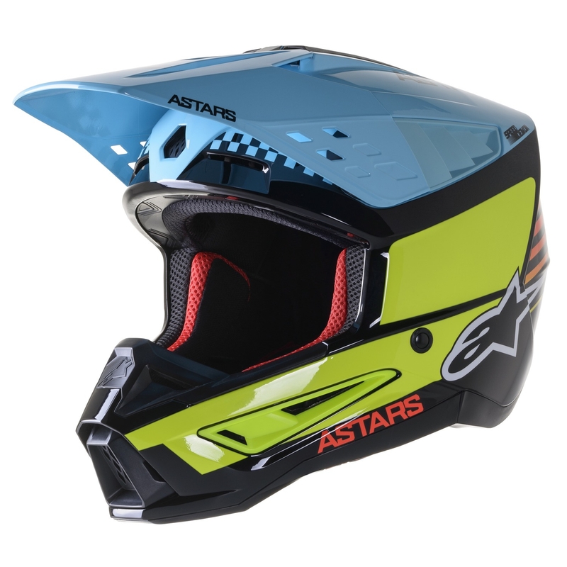 Motokrosová prilba Alpinestars S-M5 Speed ​​čierno-fluorescenčno žlto-svetlo modrá lesklá