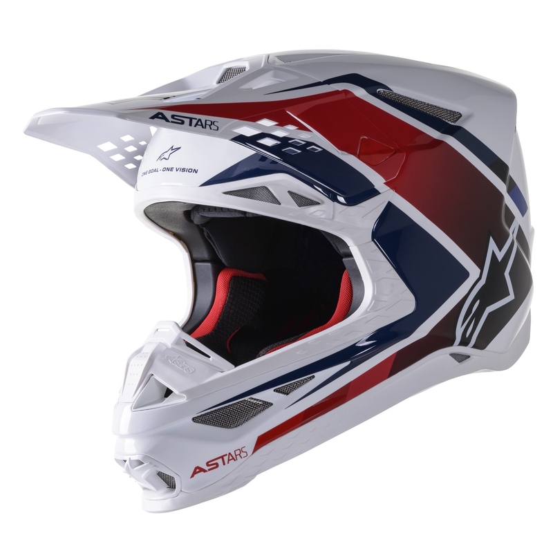 Motokrosová prilba Alpinestars S-M10 Carbon Meta2 bielo-červeno-modrá lesklá