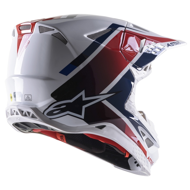 Motokrosová prilba Alpinestars S-M10 Carbon Meta2 bielo-červeno-modrá lesklá