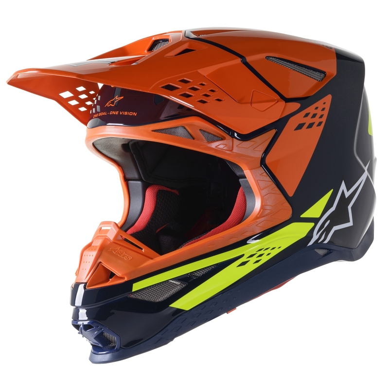 Motokrosová prilba Alpinestars Supertech S-M8 Factory tmavo modro-oranžovo-fluo žltá lesklá