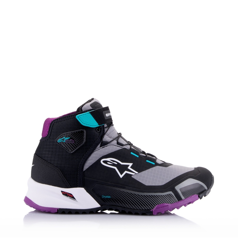 Dámske topánky na motorku Alpinestars Stella CR-X Drystar čierno-šedo-fialovo-tyrkysové