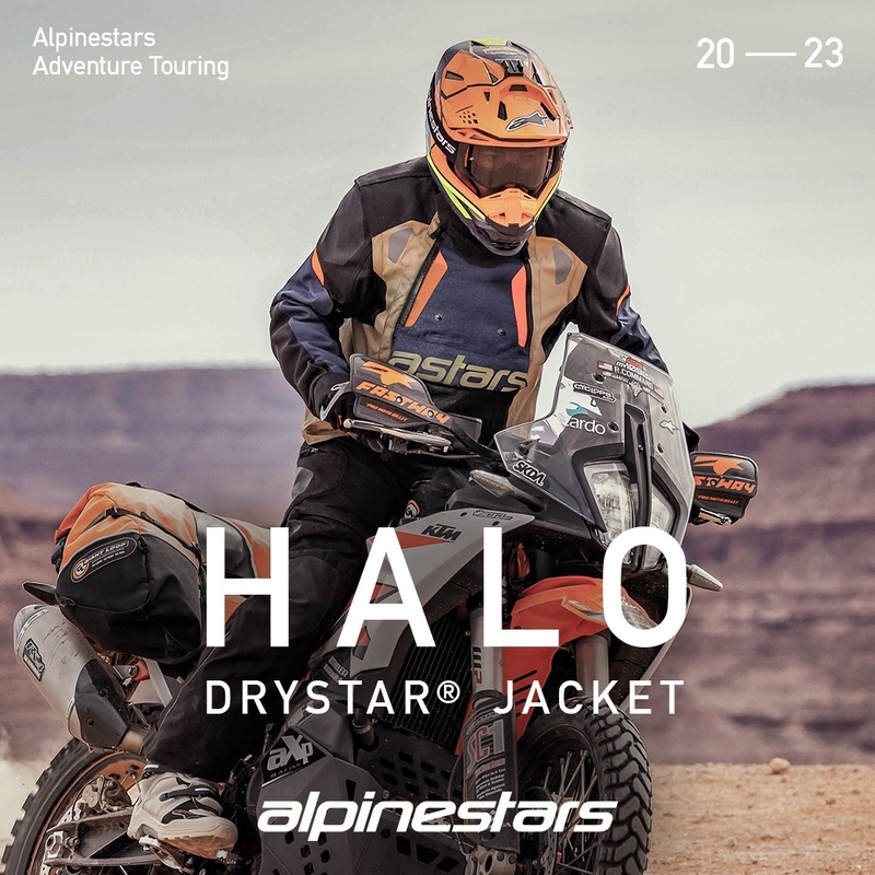 Bunda na motocykel Alpinestars Halo Drystar tmavo modro-khaki-oranžovo-čierna