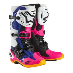 Čižmy na motocykel Alpinestars Tech 10 Limitovaná Edícia Coast bielo-tmavo modro-ružovo-fluorescenčno žlto-oranžovo-čierne