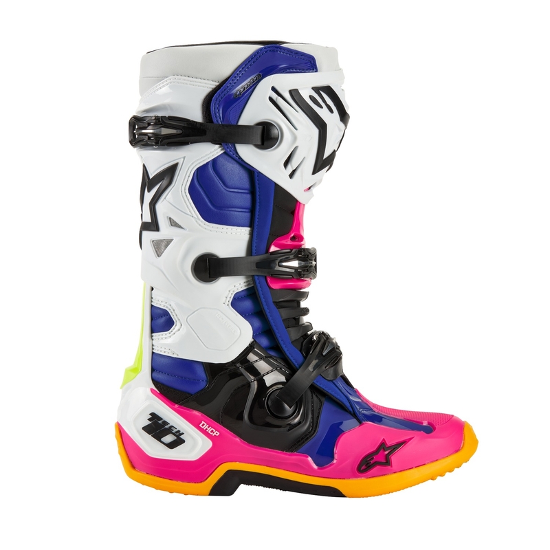 Čižmy na motocykel Alpinestars Tech 10 Limitovaná Edícia Coast bielo-tmavo modro-ružovo-fluorescenčno žlto-oranžovo-čierne
