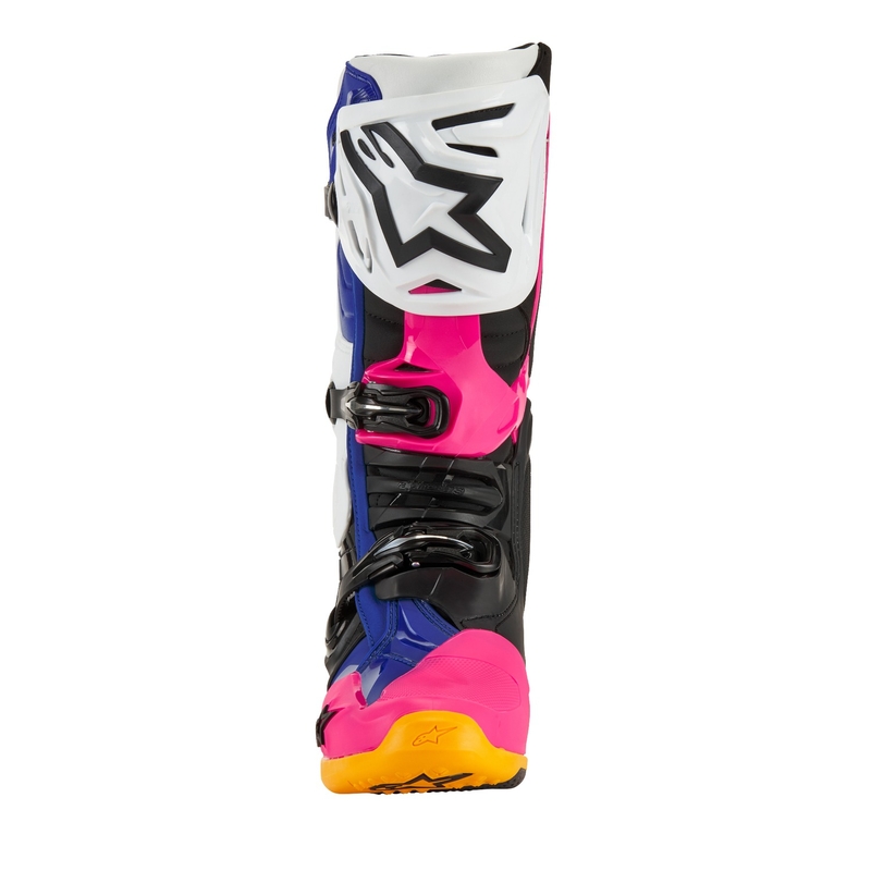 Čižmy na motocykel Alpinestars Tech 10 Limitovaná Edícia Coast bielo-tmavo modro-ružovo-fluorescenčno žlto-oranžovo-čierne