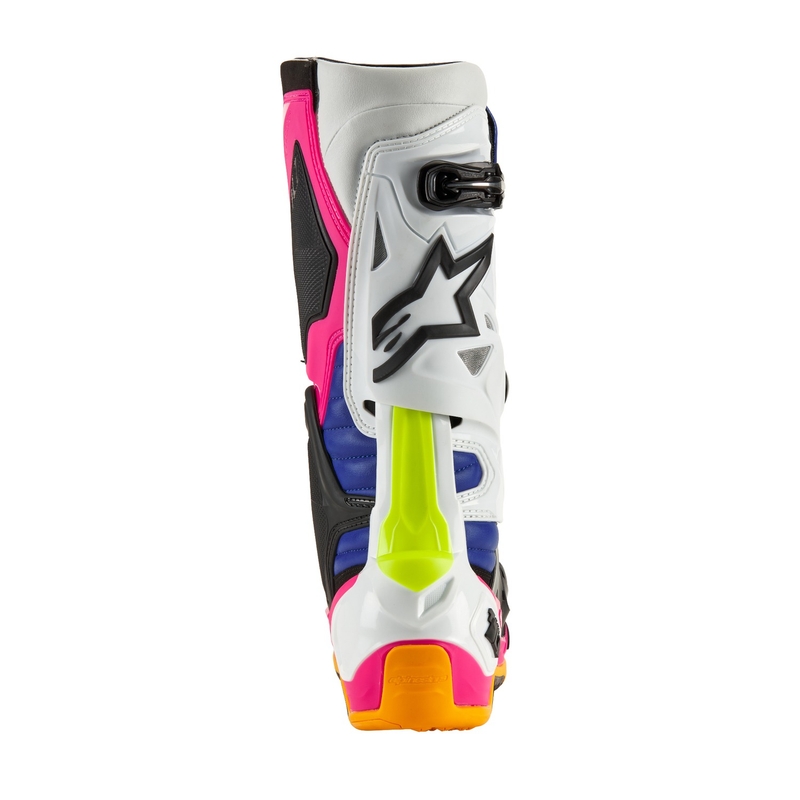 Čižmy na motocykel Alpinestars Tech 10 Limitovaná Edícia Coast bielo-tmavo modro-ružovo-fluorescenčno žlto-oranžovo-čierne