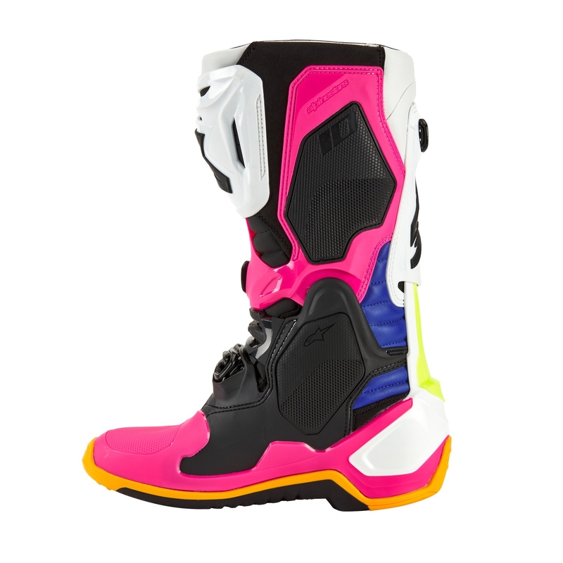Čižmy na motocykel Alpinestars Tech 10 Limitovaná Edícia Coast bielo-tmavo modro-ružovo-fluorescenčno žlto-oranžovo-čierne