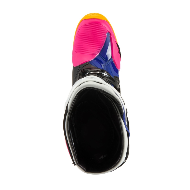 Čižmy na motocykel Alpinestars Tech 10 Limitovaná Edícia Coast bielo-tmavo modro-ružovo-fluorescenčno žlto-oranžovo-čierne