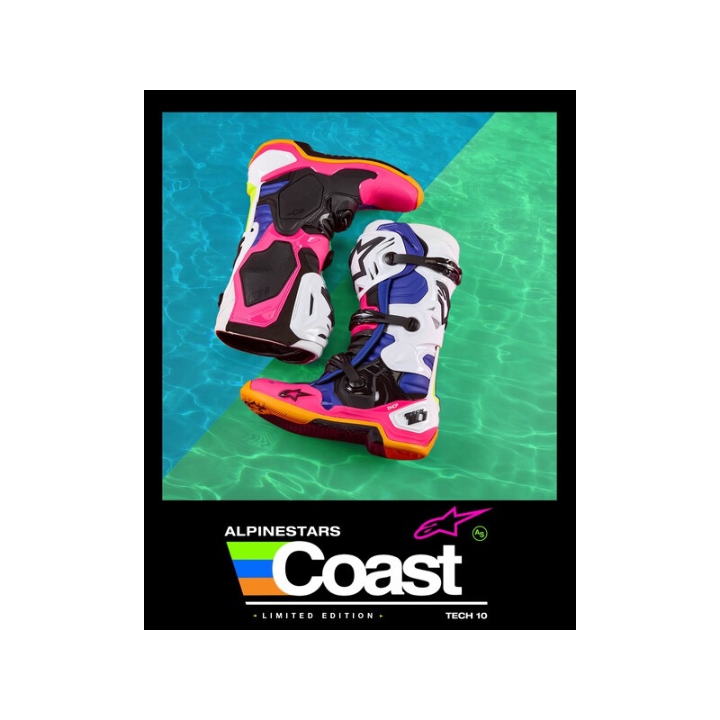Čižmy na motocykel Alpinestars Tech 10 Limitovaná Edícia Coast bielo-tmavo modro-ružovo-fluorescenčno žlto-oranžovo-čierne