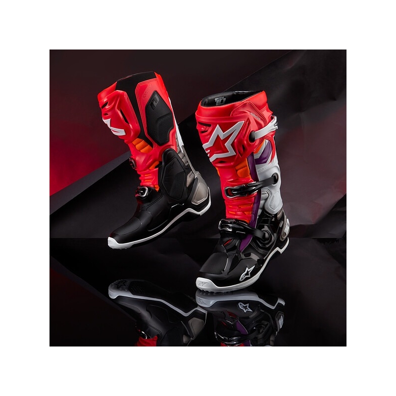 Čižmy na motocykel Alpinestars Tech 10 oranžovo-žlto-fialovo-bielo-čierne