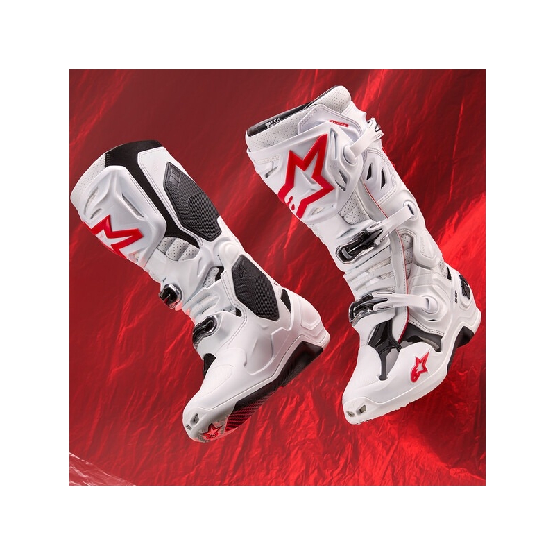 Čižmy na motocykel Alpinestars Tech 10 Supervented Perforované bielo-červeno-čierne