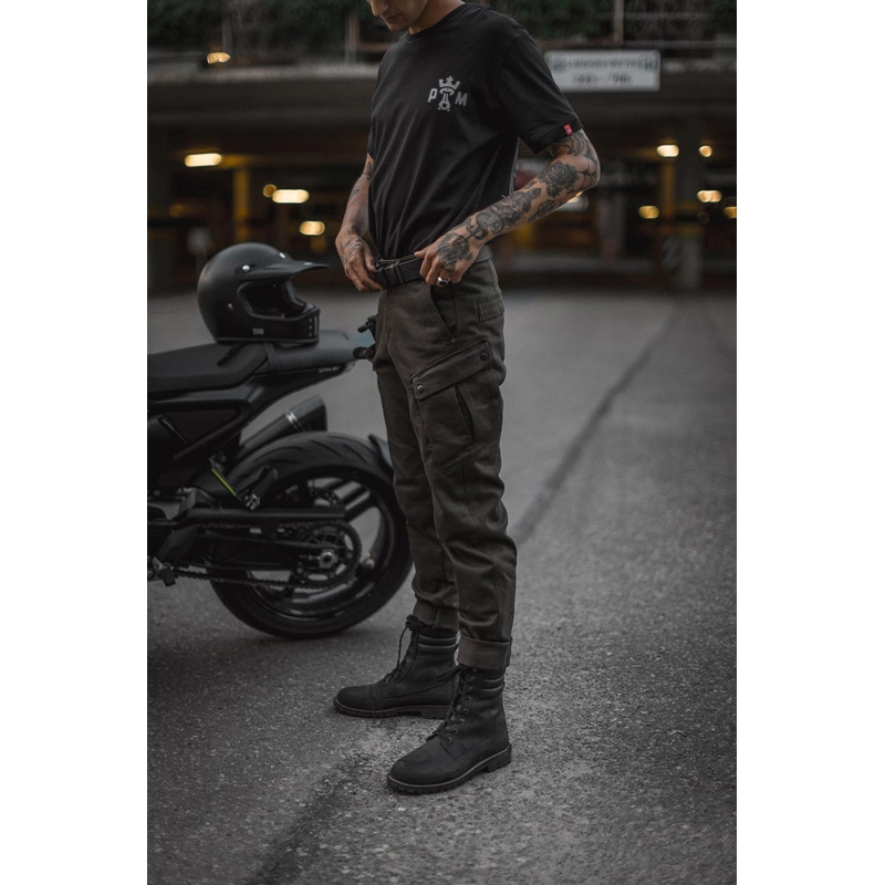 Jeansy na motorku PANDO MOTO Mark Kev olivovo zelené výpredaj - II. akosť