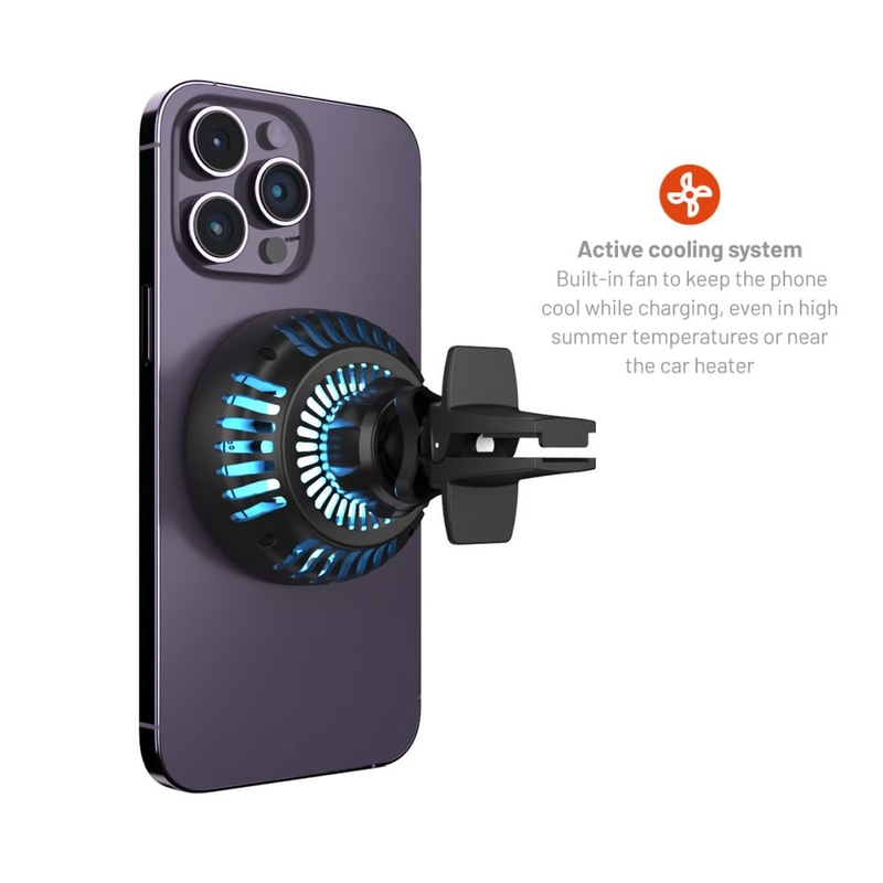 Držiak s bezdrôtovým nabíjaním a aktívnym chladením FIXED MagCool s uchytením MagSafe čierny 15W