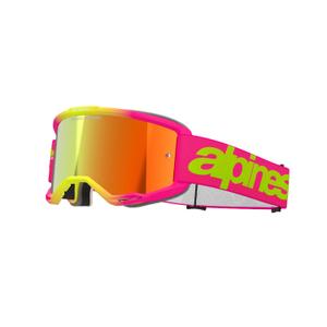 Motokrosové okuliare Alpinestars Vision 5 Wordmark ružovo-fluo žlté so zrkadlovým červeným plexi