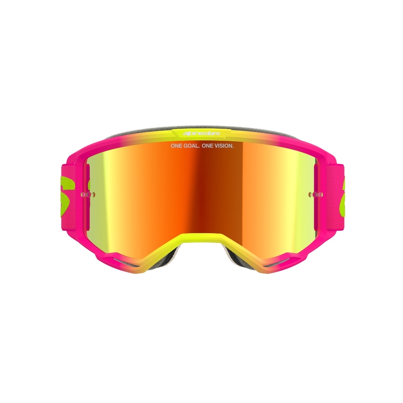 Motokrosové okuliare Alpinestars Vision 5 Wordmark ružovo-fluo žlté so zrkadlovým červeným plexi