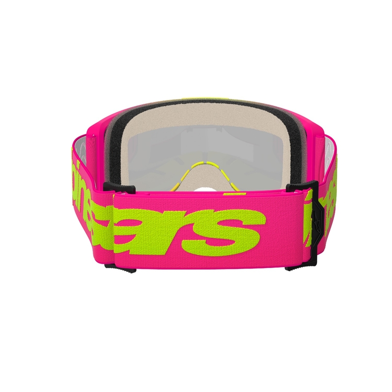 Motokrosové okuliare Alpinestars Vision 5 Wordmark ružovo-fluo žlté so zrkadlovým červeným plexi
