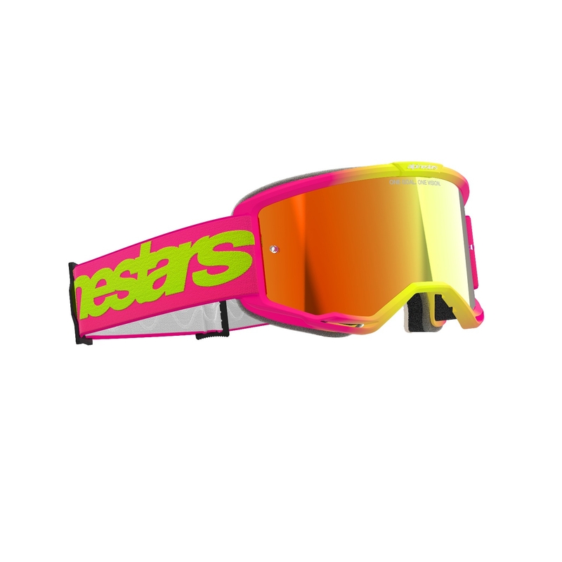 Motokrosové okuliare Alpinestars Vision 5 Wordmark ružovo-fluo žlté so zrkadlovým červeným plexi