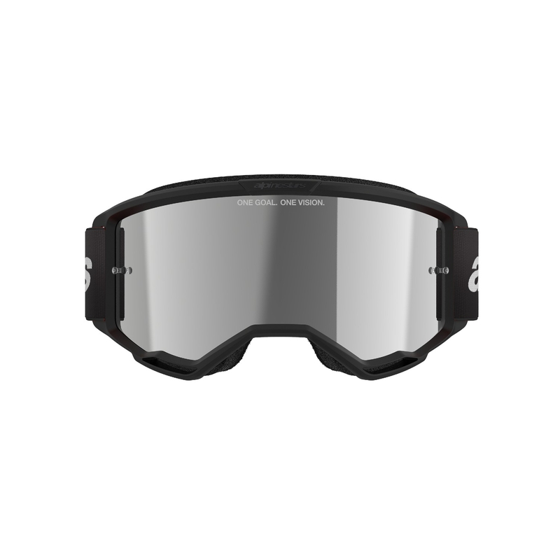 Motokrosové okuliare Alpinestars Vision 3 Wordmark čierne so zrkadlovým strieborným plexisklom