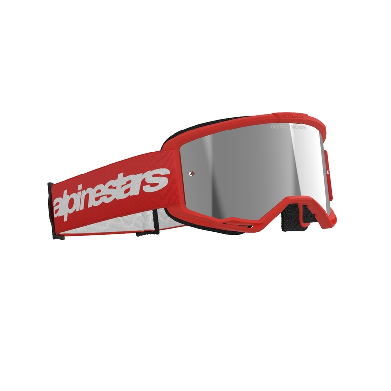 Motokrosové okuliare Alpinestars Vision 3 Wordmark červené so zrkadlovým strieborným plexisklom výpredaj