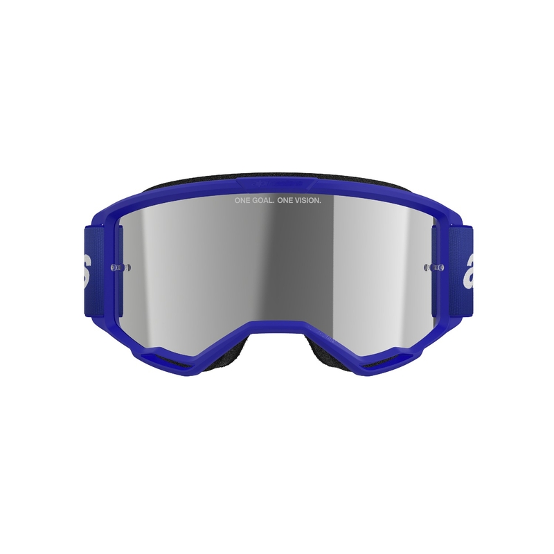 Motokrosové okuliare Alpinestars Vision 3 Wordmark modré so zrkadlovým strieborným zorníkom