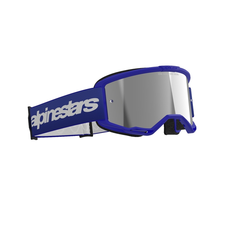 Motokrosové okuliare Alpinestars Vision 3 Wordmark modré so zrkadlovým strieborným zorníkom