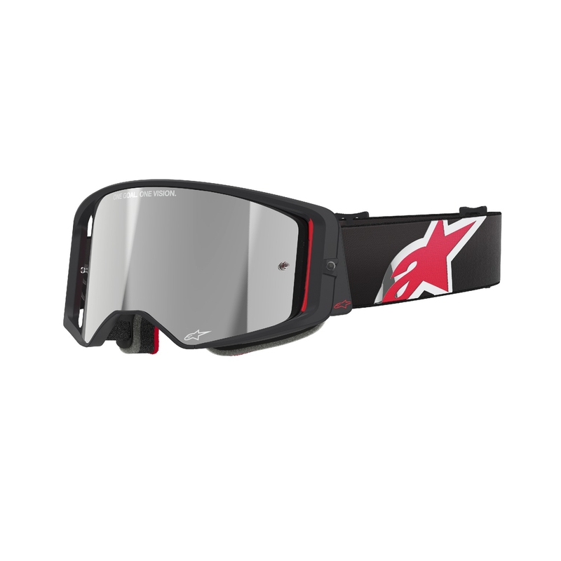 Motokrosové okuliare Alpinestars Supertech Corp čierno-červené so zrkadlovým strieborným plexisklom