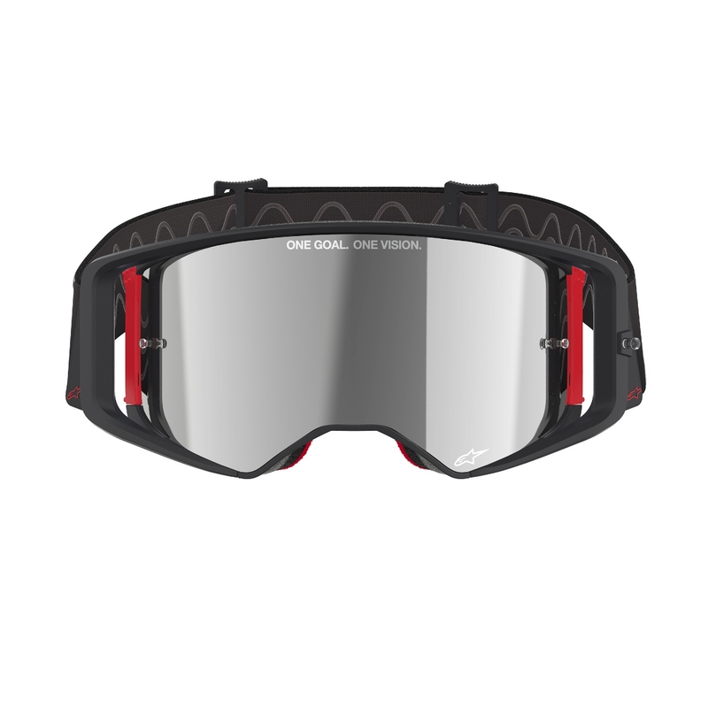 Motokrosové okuliare Alpinestars Supertech Corp čierno-červené so zrkadlovým strieborným plexisklom