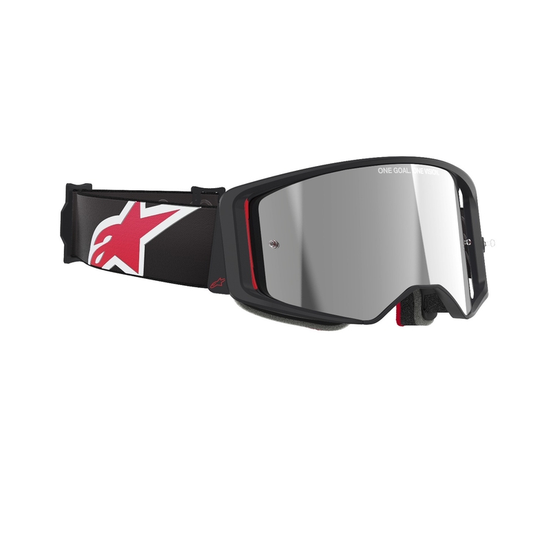 Motokrosové okuliare Alpinestars Supertech Corp čierno-červené so zrkadlovým strieborným plexisklom