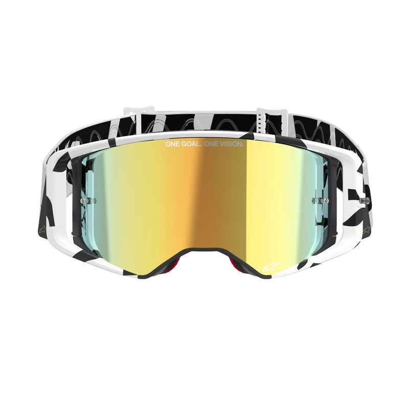 Motokrosové okuliare Alpinestars Supertech Corp bielo-zlaté so zrkadlovým zlatým zorníkom