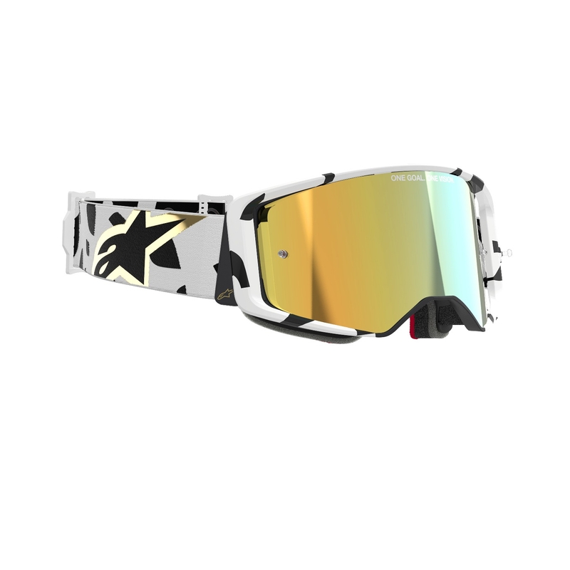 Motokrosové okuliare Alpinestars Supertech Corp bielo-zlaté so zrkadlovým zlatým zorníkom