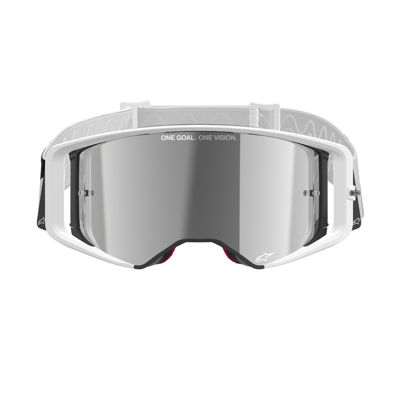 Motokrosové okuliare Alpinestars Supertech Corp biele so zrkadlovým strieborným plexisklom