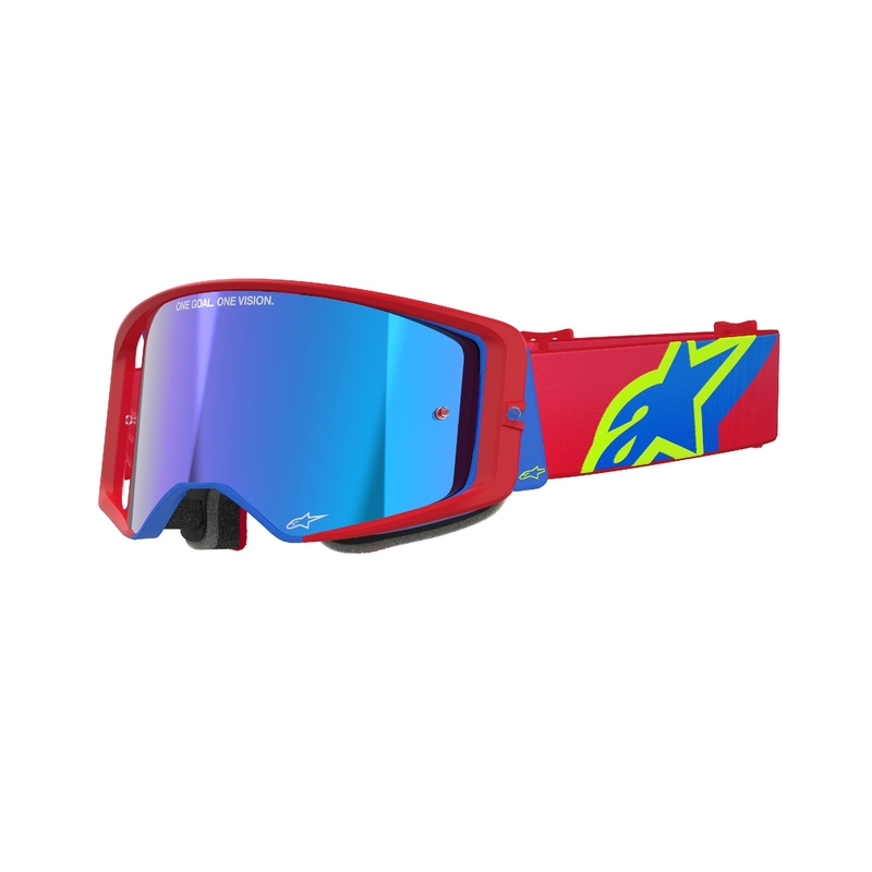 Motokrosové okuliare Alpinestars Supertech Corp červeno-modré so zrkadlovým strieborným plexisklom