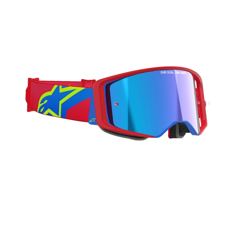 Motokrosové okuliare Alpinestars Supertech Corp červeno-modré so zrkadlovým strieborným plexisklom