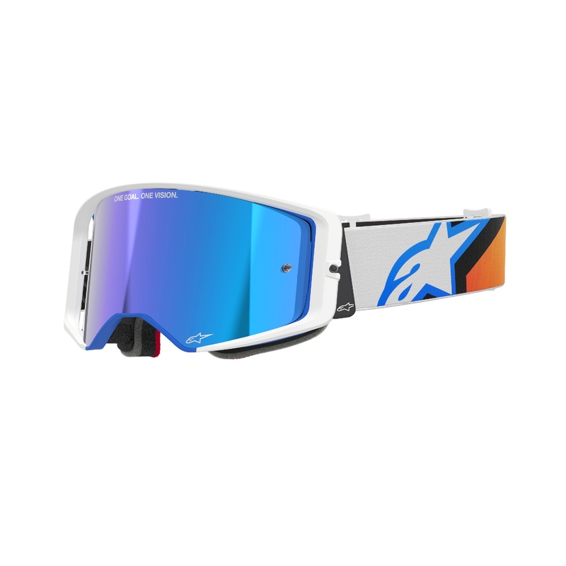 Motokrosové okuliare Alpinestars Supertech Corp modro-oranžové so zrkadlovým modrým plexisklom