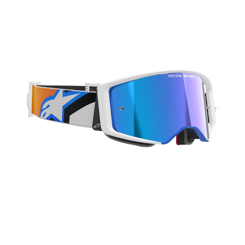 Motokrosové okuliare Alpinestars Supertech Corp modro-oranžové so zrkadlovým modrým plexisklom