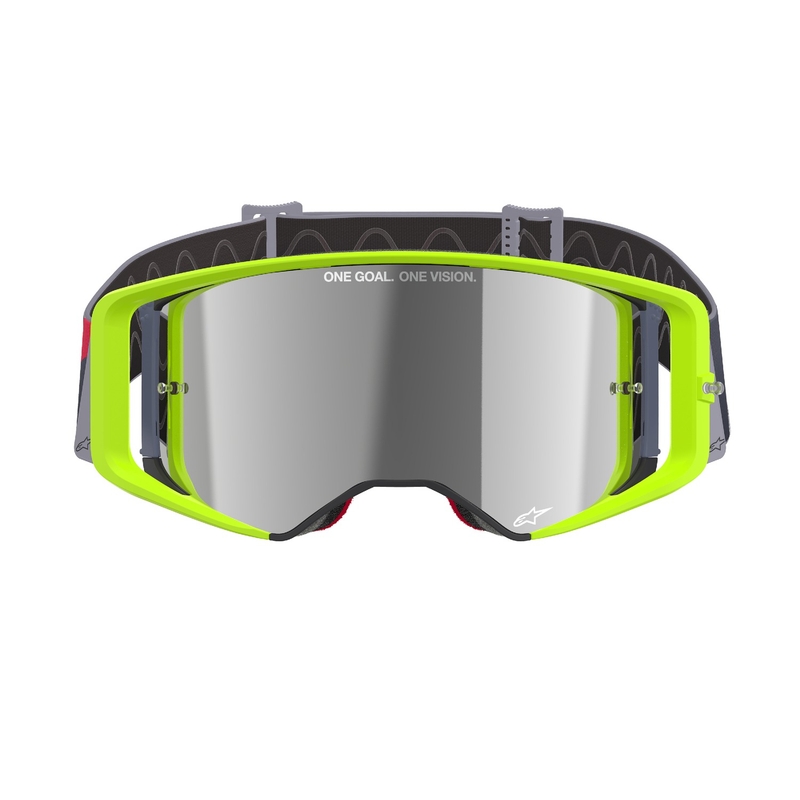 Motokrosové okuliare Alpinestars Supertech Corp fluorescenčno žlto-červené so zrkadlovým strieborným plexisklom