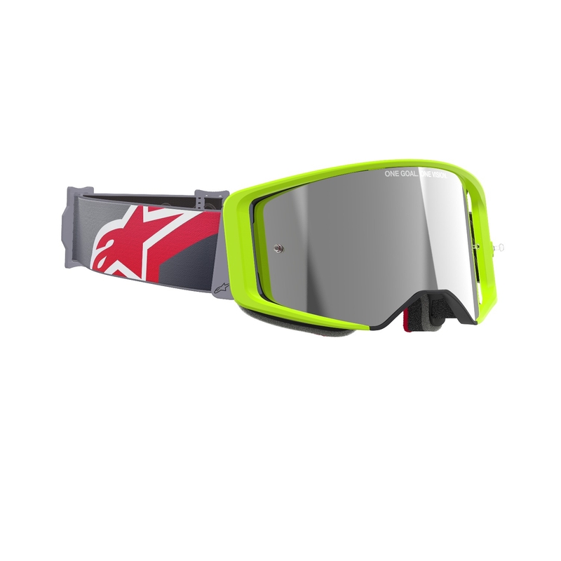 Motokrosové okuliare Alpinestars Supertech Corp fluorescenčno žlto-červené so zrkadlovým strieborným plexisklom