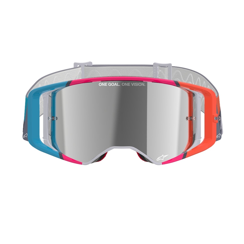 Motokrosové okuliare Alpinestars Supertech Stream šedo-multicolor so zrkadlovým strieborným plexisklom