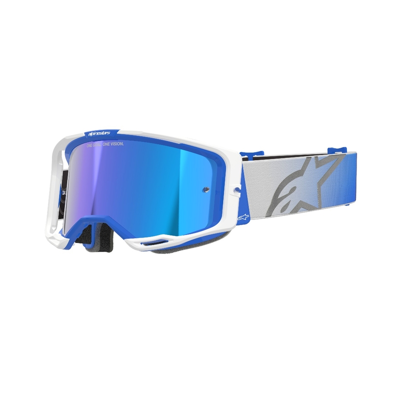 Motokrosové okuliare Alpinestars Vision 8 Corp modro-biele so zrkadlovým modrým plexisklom