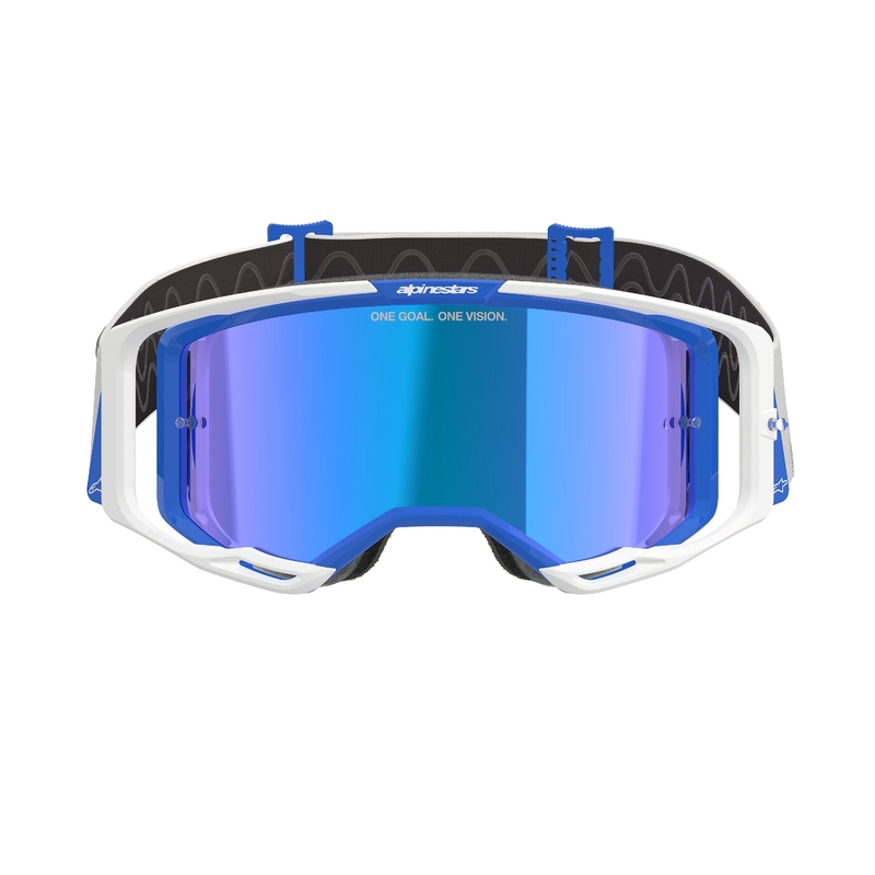 Motokrosové okuliare Alpinestars Vision 8 Corp modro-biele so zrkadlovým modrým plexisklom