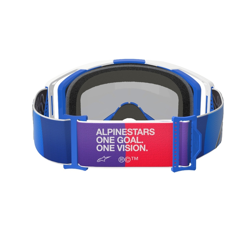 Motokrosové okuliare Alpinestars Vision 8 Corp modro-biele so zrkadlovým modrým plexisklom