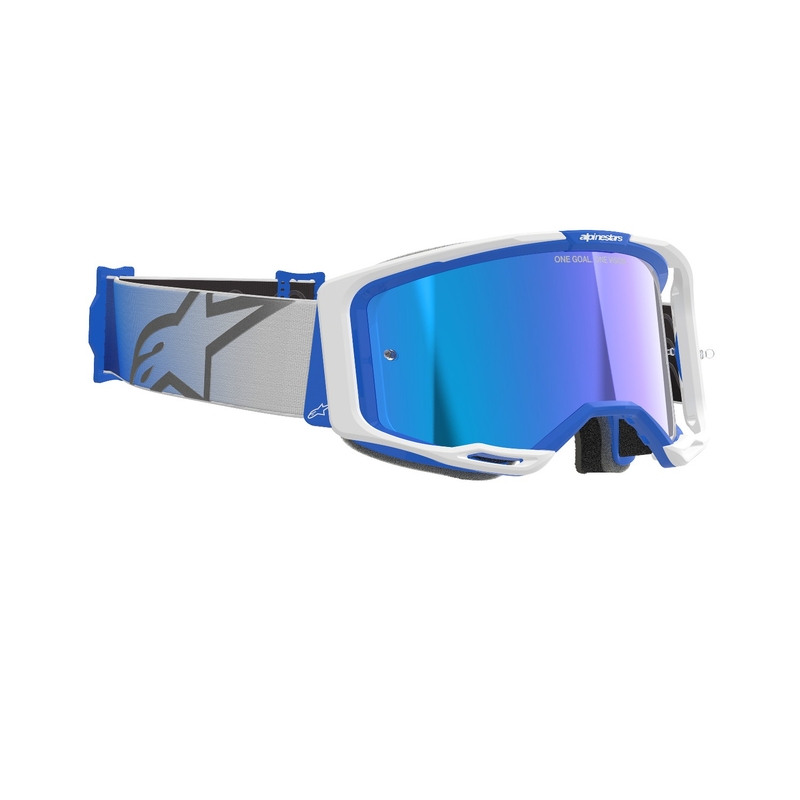 Motokrosové okuliare Alpinestars Vision 8 Corp modro-biele so zrkadlovým modrým plexisklom
