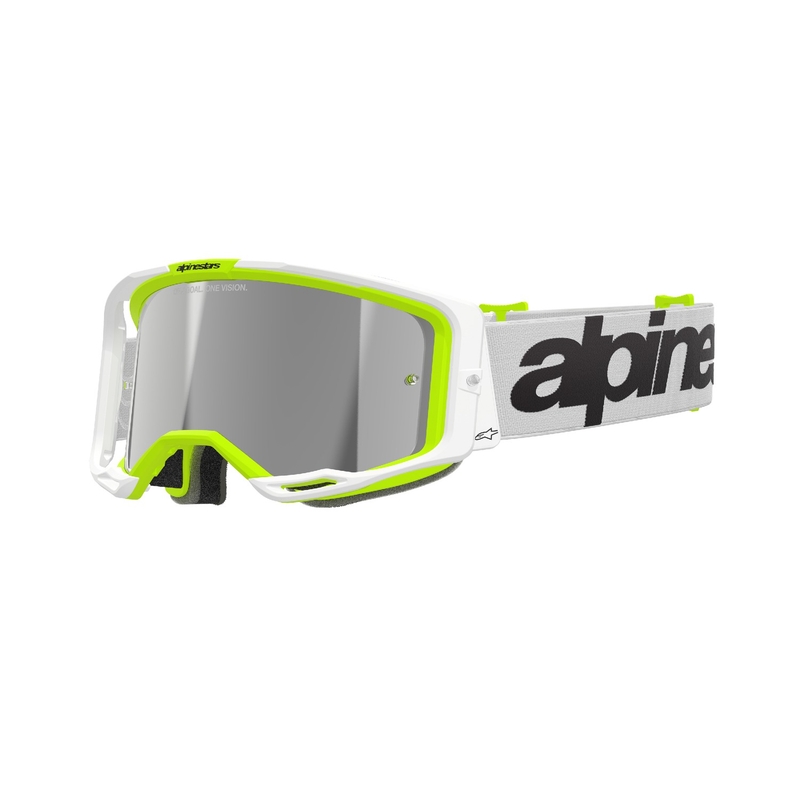 Motokrosové okuliare Alpinestars Vision 8 Wordmark bielo-fluorescenčno žlté so zrkadlovým strieborným plexisklom