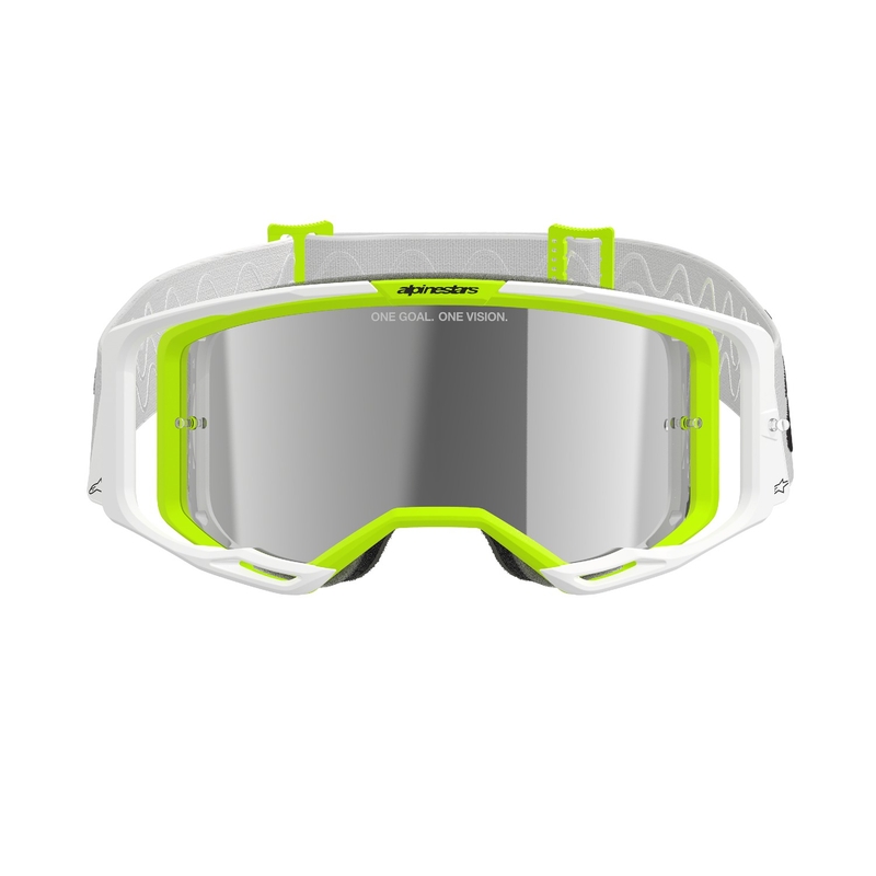 Motokrosové okuliare Alpinestars Vision 8 Wordmark bielo-fluorescenčno žlté so zrkadlovým strieborným plexisklom